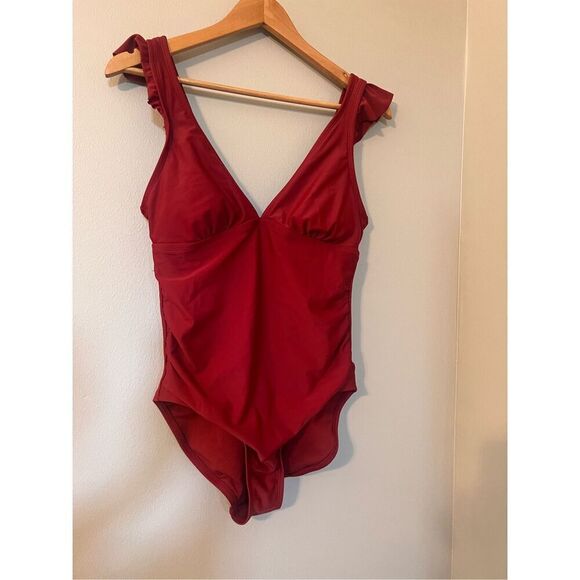 Kona Sol Size M Ruffle Shoulder One Piece Swimsuit Maroon Red Plunge Neck Classy - Picture 4 of 6